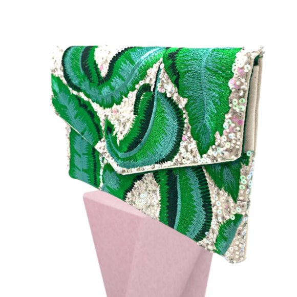 Tropical Leaf Seed Bead Sequin Crossbody Chain Clutch Boho Handbag - Picture 6 of 7